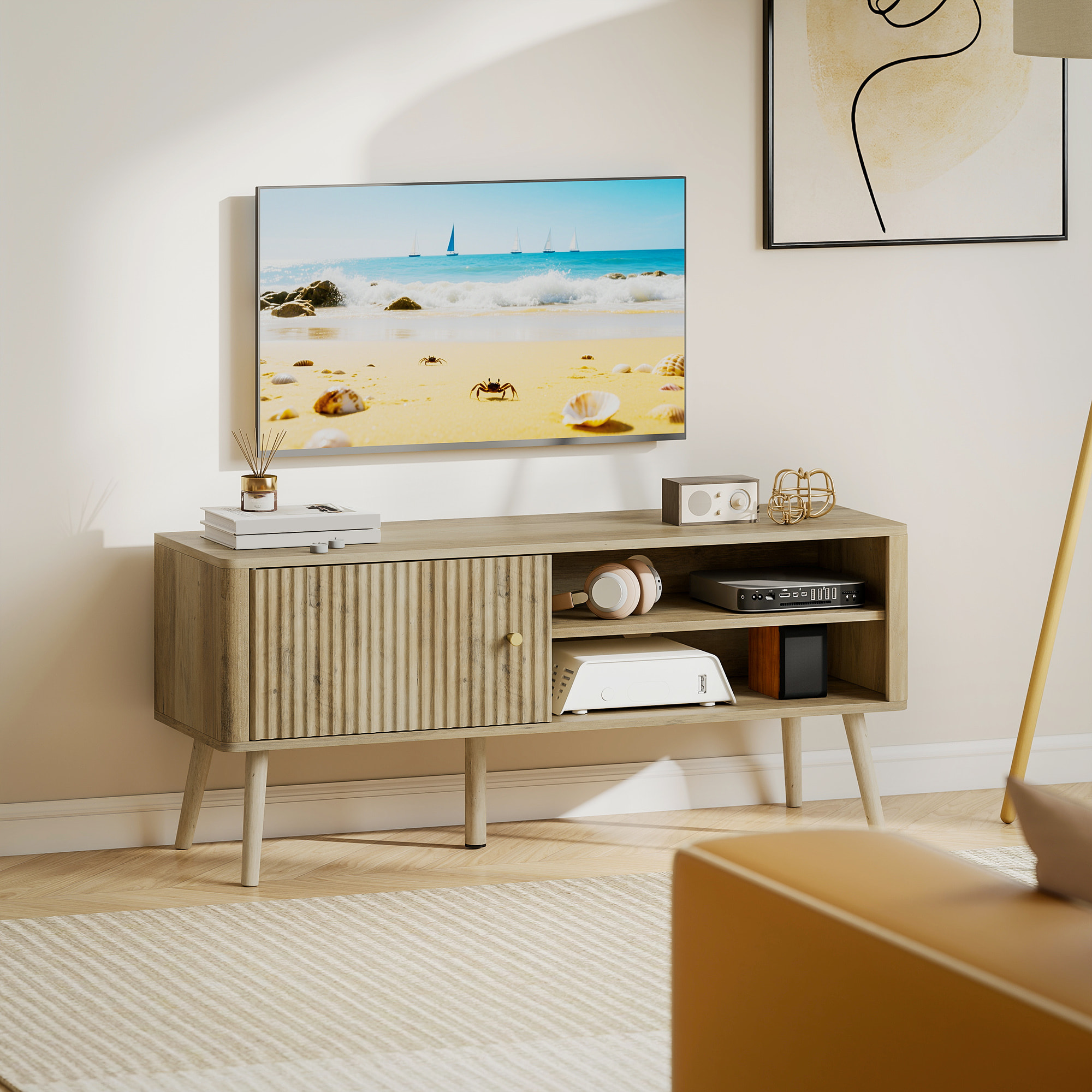 Meuble TV design effet cannelé naturel porte 2 niches bois de pin effet bois clair