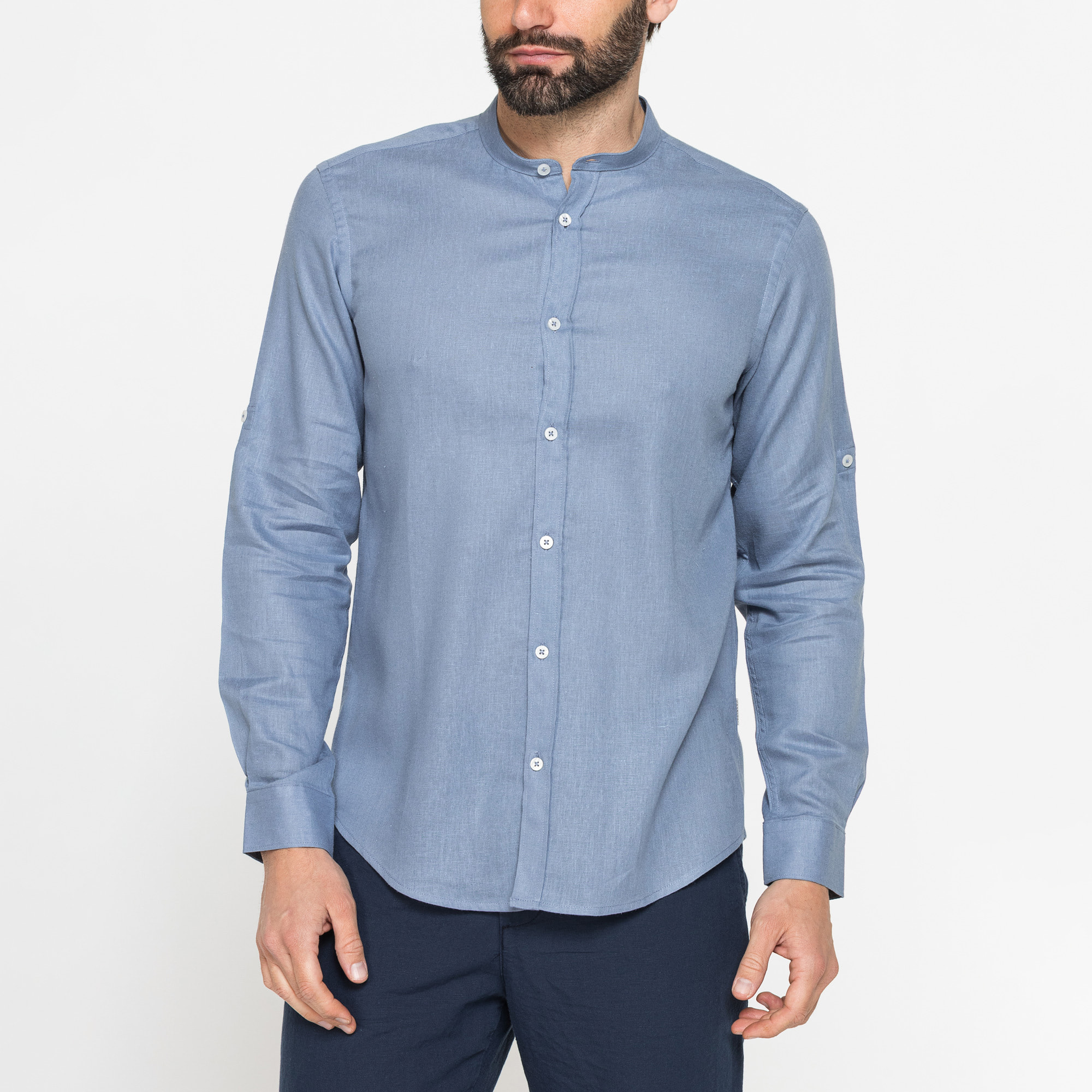 CAMICIA COREANA IN MISTO LINO E LYOCELL A TINTA UNITA