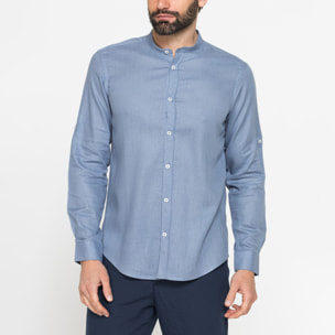 CAMICIA COREANA IN MISTO LINO E LYOCELL A TINTA UNITA