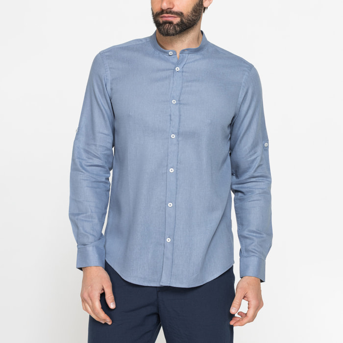 CAMICIA COREANA IN MISTO LINO E LYOCELL A TINTA UNITA