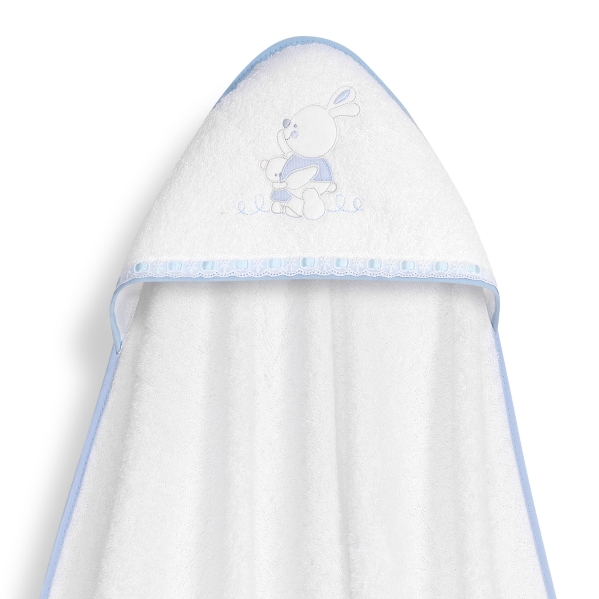 Capa Baño 1X1 Mod Conejitos Abrazos Pasacinta + Gorro Bco/Azul