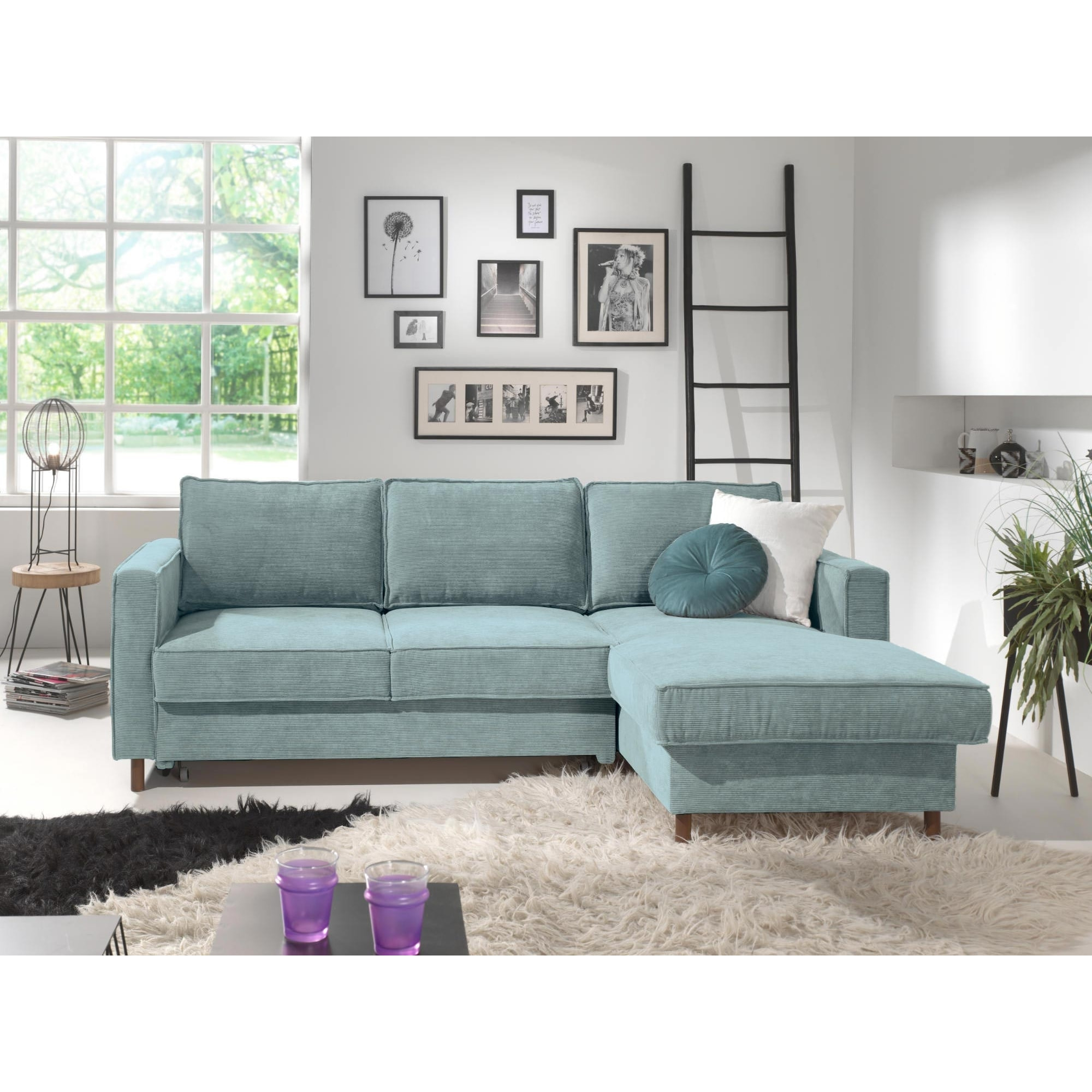 Jake - canapé d'angle droit - convertible avec coffre - 4 places - en velours côtelé - Bleu