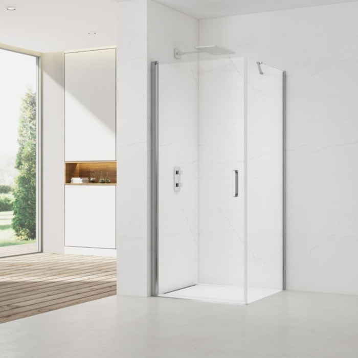 Fusion ensemble porte pivotante /paroi 90x90cm anticalcaire avec profilés chrome brillant (SATFUDP90S90-SET)