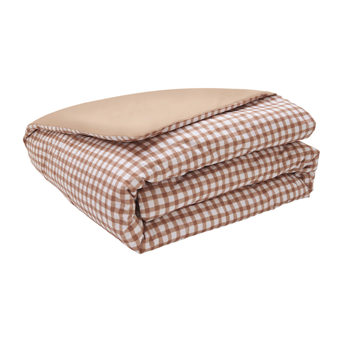 Parure Housse de couette + Taie carrée en percale de coton, Made in France, Vichy, Beige Dune