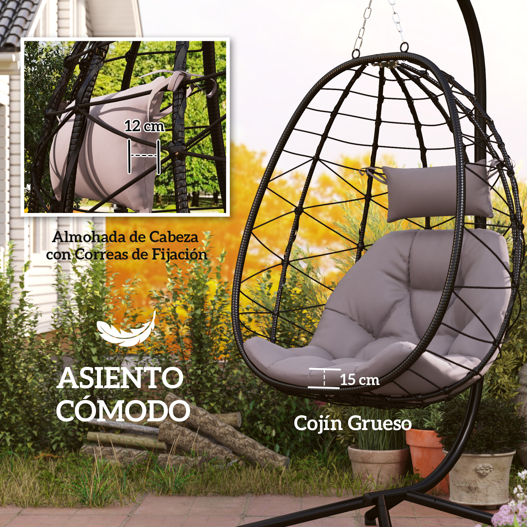 Silla Colgante Huevo con Soporte Columpio Jardín Exterior con Cesta Plegable Cojín y Reposacabezas Columpio Colgante para Interior y Exterior Carga 120 kg Gris