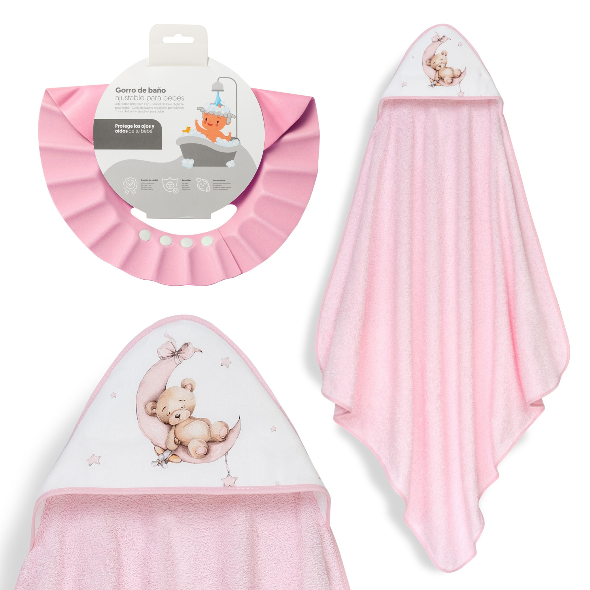 Capa Baño 1X1 Mod Estampado Oso Luna Estrellas+Gorro Rosa