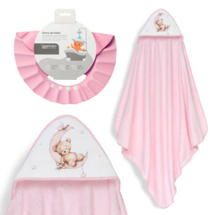 Capa Baño 1X1 Mod Estampado Oso Luna Estrellas+Gorro Rosa