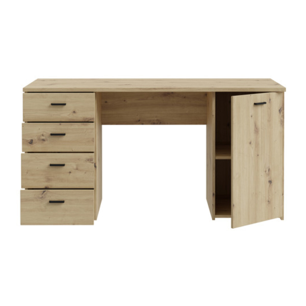 Bureau droit 1 placard 4 tiroirs 145 cm décor en bois chêne - GOTHAM