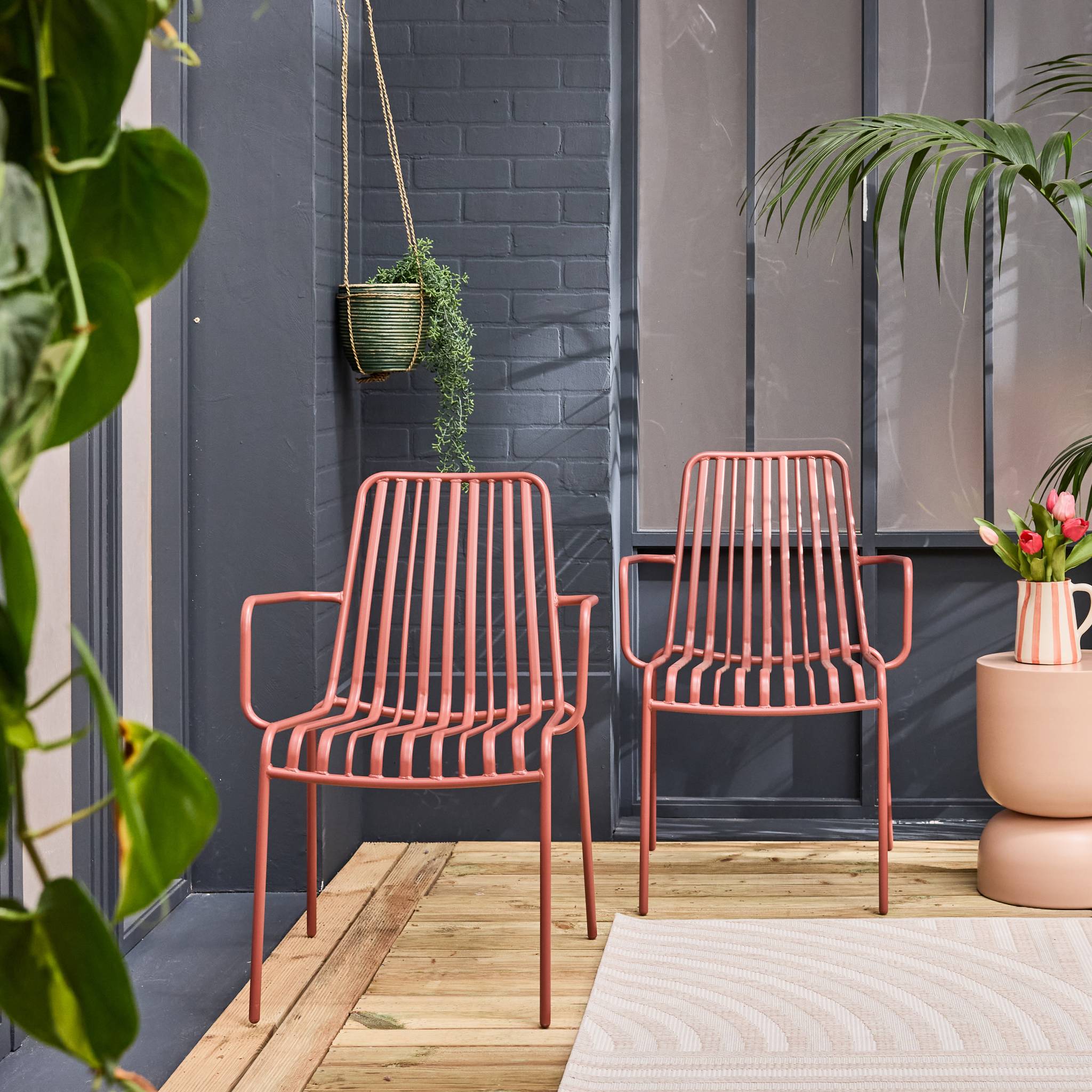 Lot de 2 fauteuils de jardin FLORIDA terracotta empilable en acier. L 59 x P 53.5 x H 78 cm