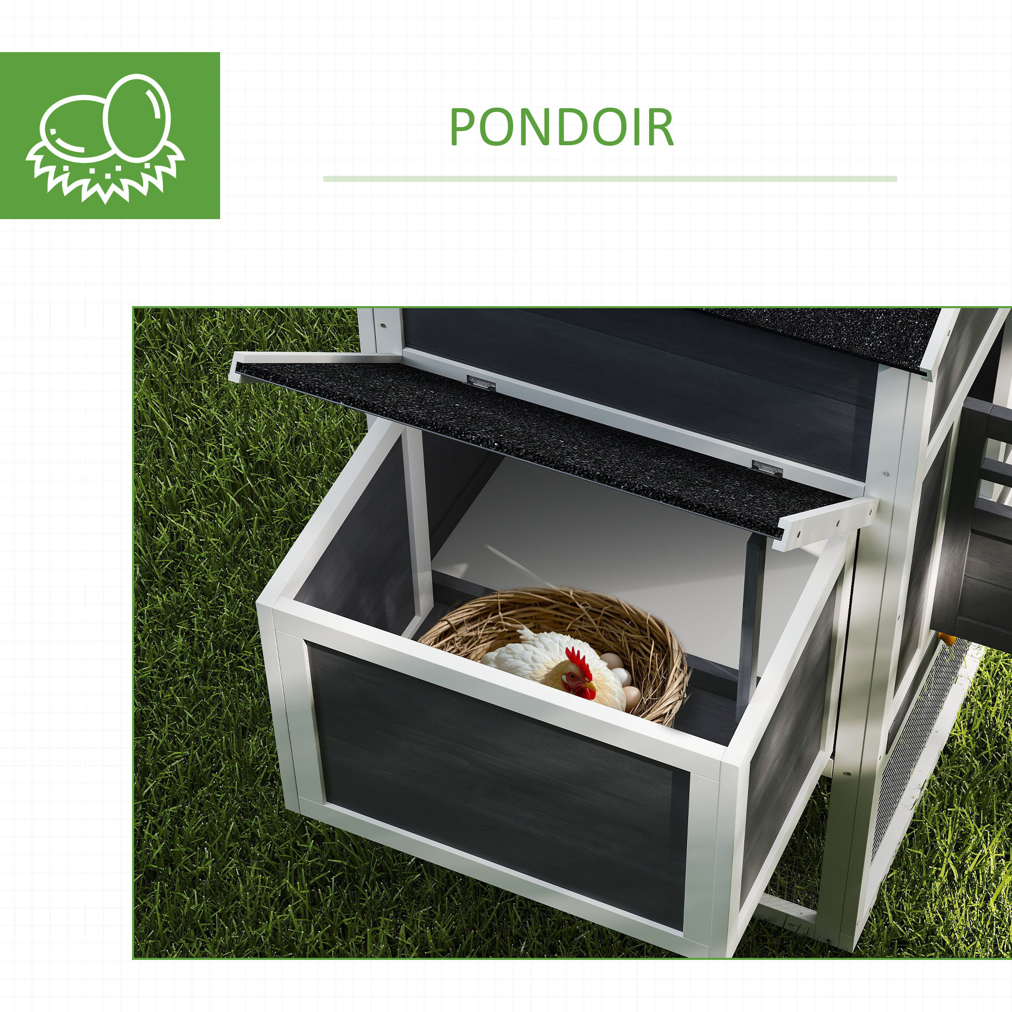 Poulailler surélevé avec enclos et pondoir - nombreux équipements - bois pin blanc gris