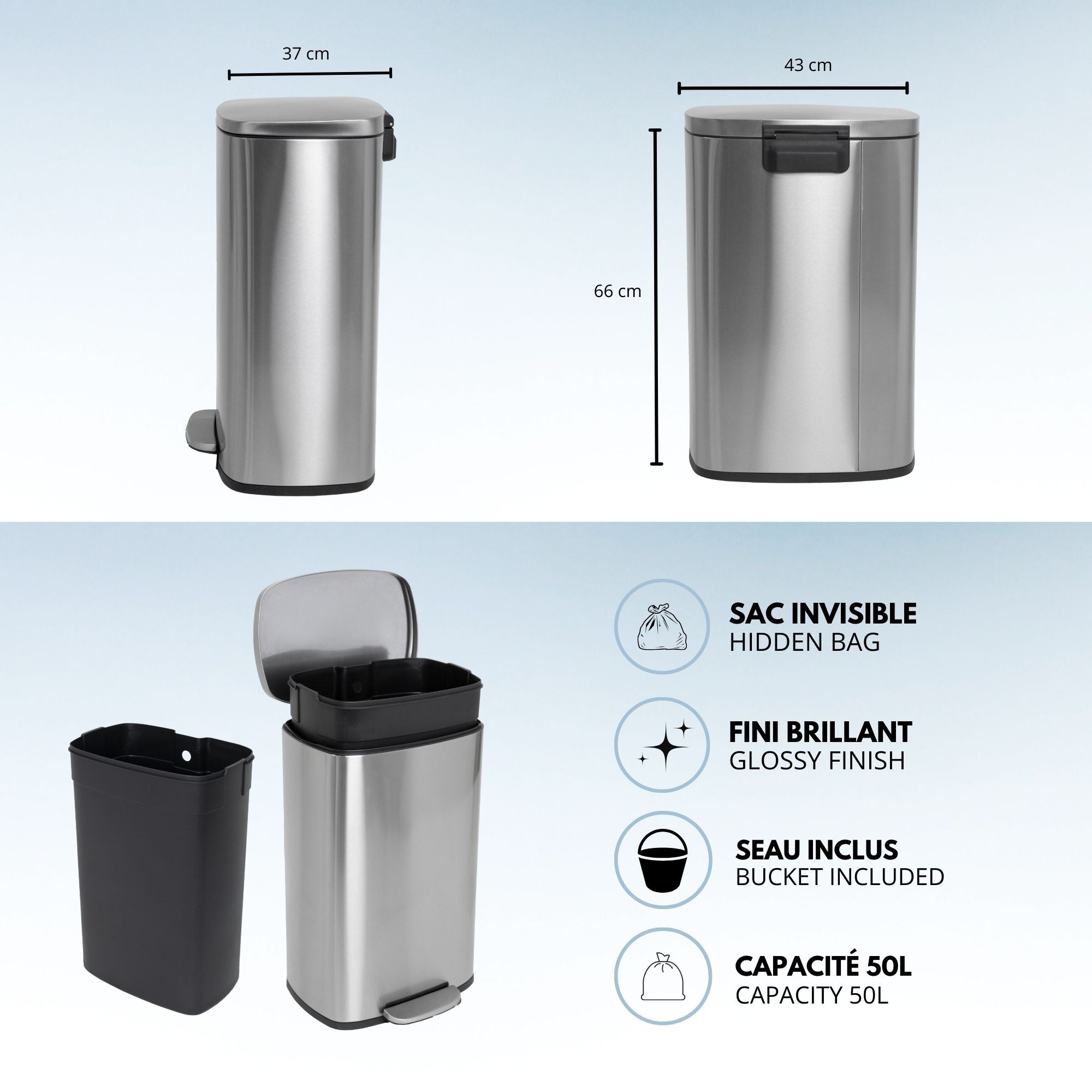 Poubelle à pédale inox ADMIRAL 50L