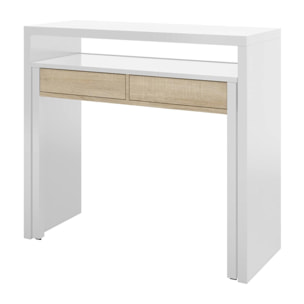 Consolle Billings, Scrivania con piano estensibile, Scrittoio porta PC con 2 cassetti, cm 99x36h88, Bianco e Rovere