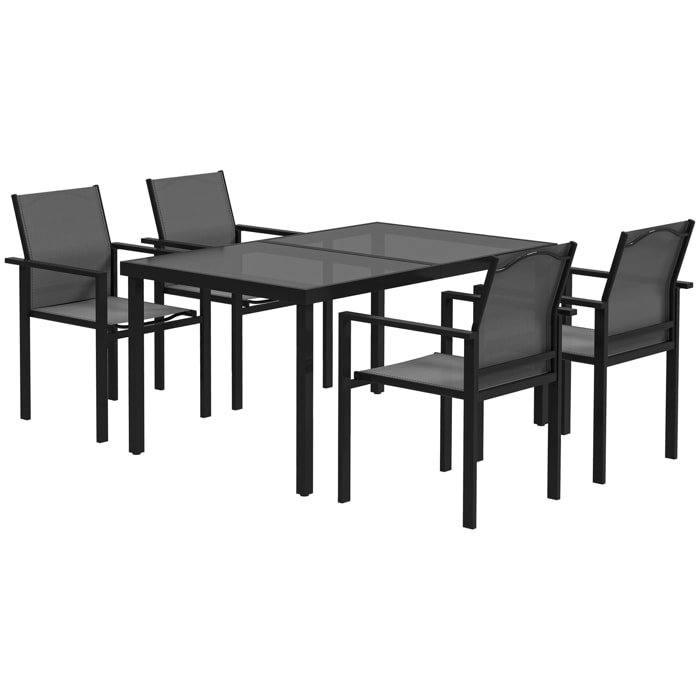 Ensemble table de jardin rectangulaire et 4 chaises empilables métal textliène verre trempé noir
