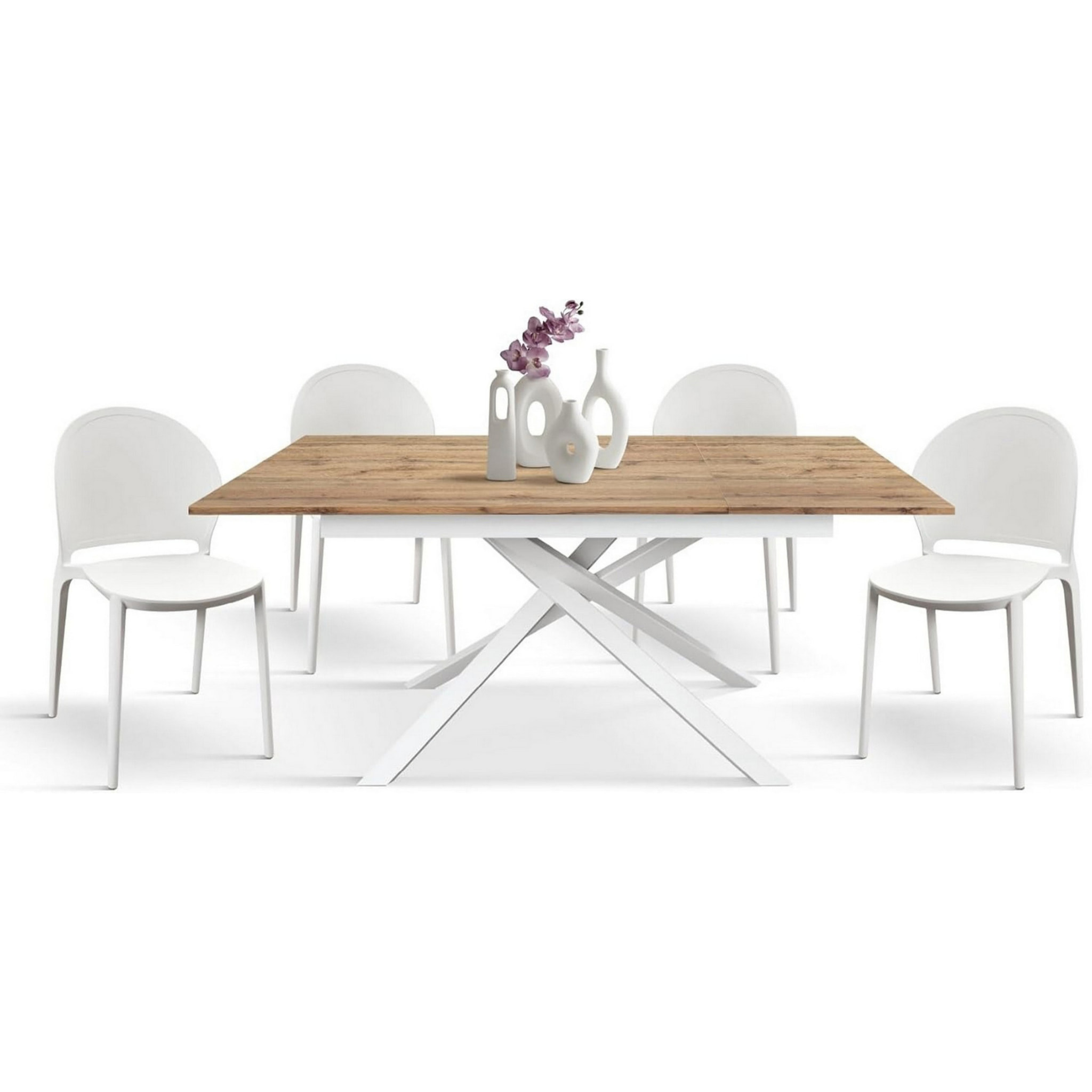 Tavolo VOLPAIA in legno, finitura rovere rustico e base in metallo verniciato bianco, allungabile 120x80 cm - 170x80 cm