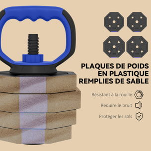 Ensemble d'haltères musculation multifonction 4 en 1 - haltères, kettlebell, push-up support, Olympic barre - total 30Kg - PVC bleu noir