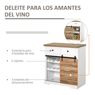 Aparador Armario de Cocina Aparador de Cocina Mueble Botellero para 6 Botellas con Puerta Corredera de Granero y 2 Cajones Estilo Rústico para Salón Comedor 80x39x86 cm Blanco y Natural