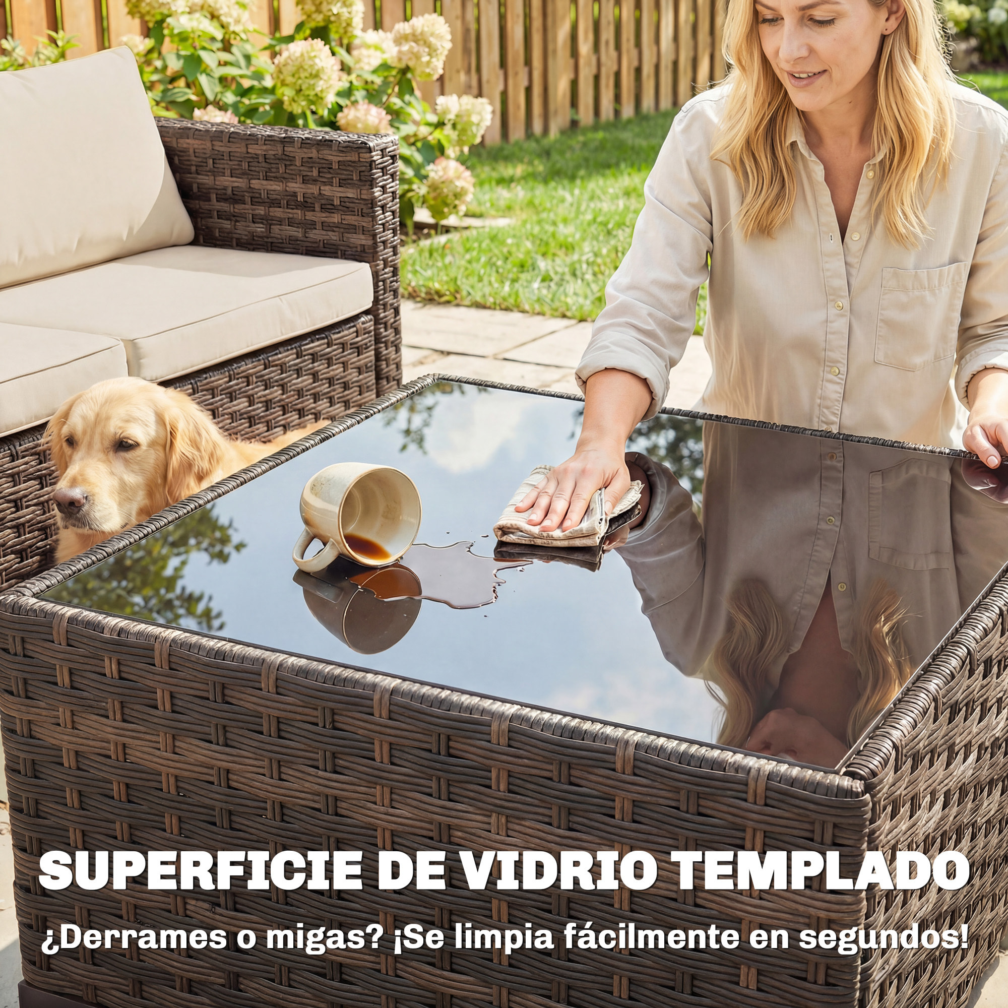 Conjunto de Jardín de Ratán de 5 Piezas, Conjunto Terraza Resistente, Muebles Jardín Exterior Incluye Cojines, 2 Sillones de Esquina, Sillón sin Brazos, Reposapiés y Mesa Centro, Caqui