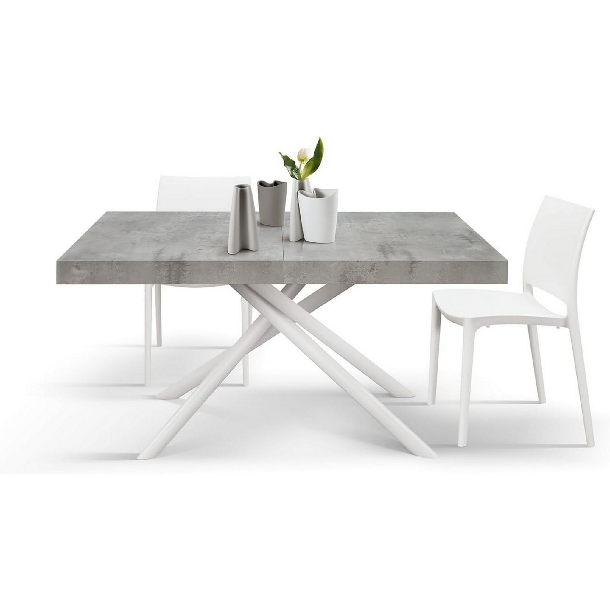 Tavolo CARRARA in legno, finitura grigio cemento e base in metallo verniciato bianco, allungabile 140x90 cm - 220x90 cm