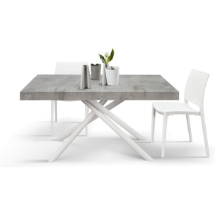 Tavolo CARRARA in legno, finitura grigio cemento e base in metallo verniciato bianco, allungabile 140x90 cm - 220x90 cm