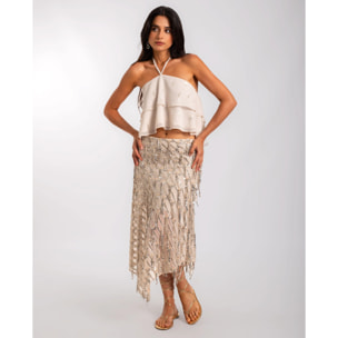 Top de mujer de gasa con volantes y cuello halter ajustable.