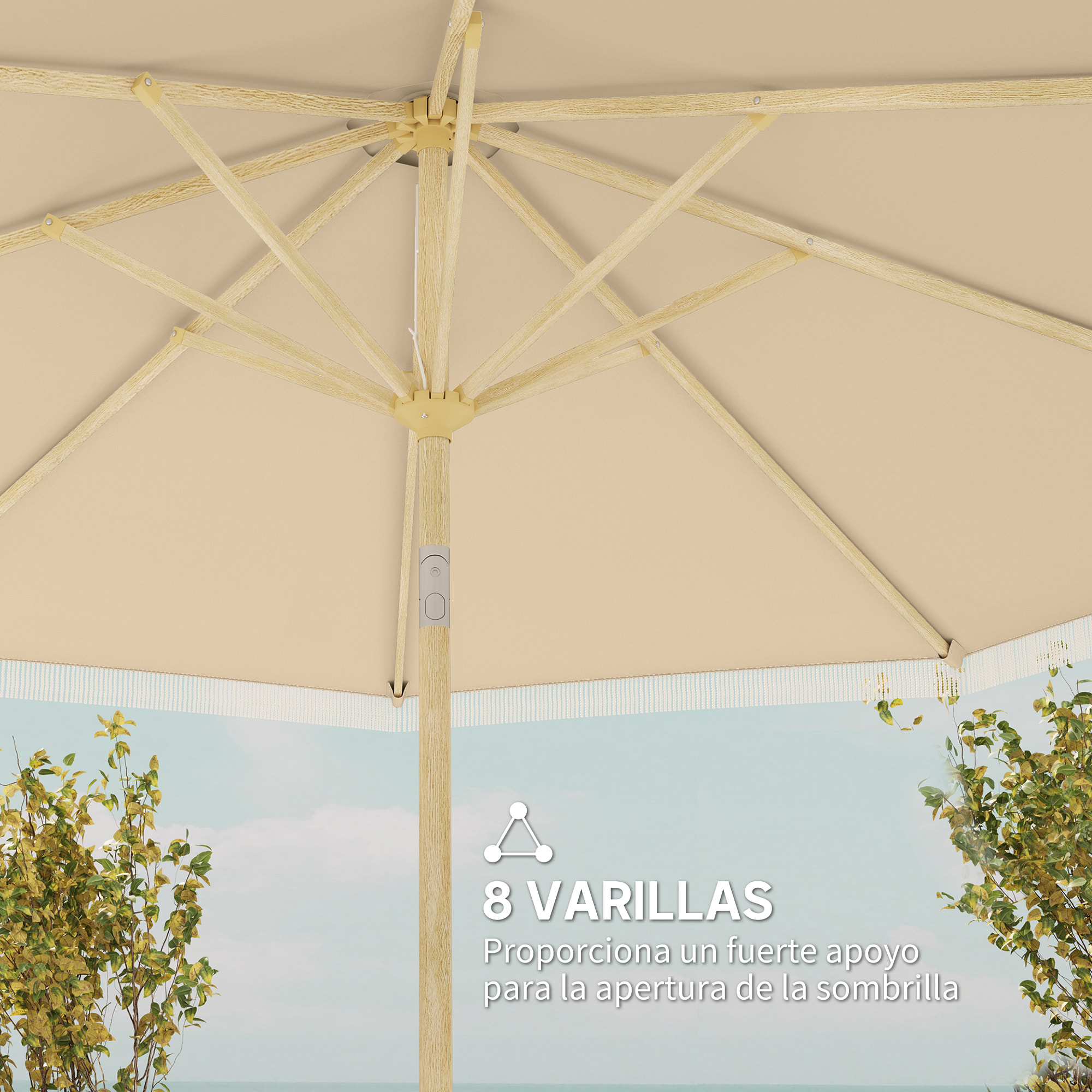 Sombrilla Terraza Exterior, Ø265x244 cm, Sombrilla de Jardín con Ángulo Ajustable, Manivela, Flecos de Estilo Boho, Impermeable, Parasol para Patio, Terraza, Crema