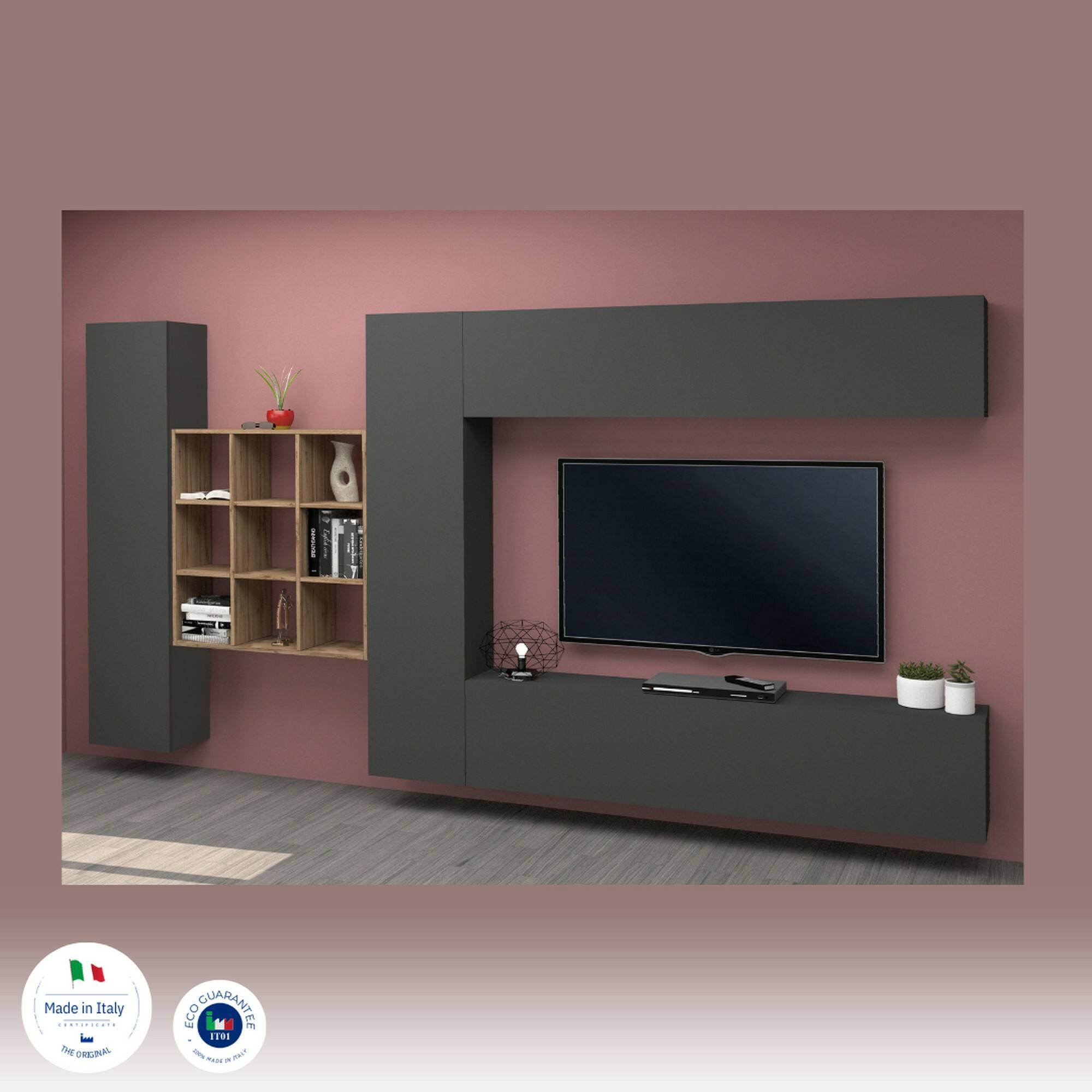 Parete attrezzata Gualtiero, Set salotto porta TV a 4 ante, Mobile soggiorno multiuso, 100% Made in Italy, cm 350x30h180, Antracite