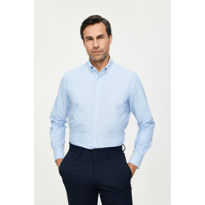 Camicia Uomo 1 Bottone Button Down Slim Oxford Lavato Unito Celeste
