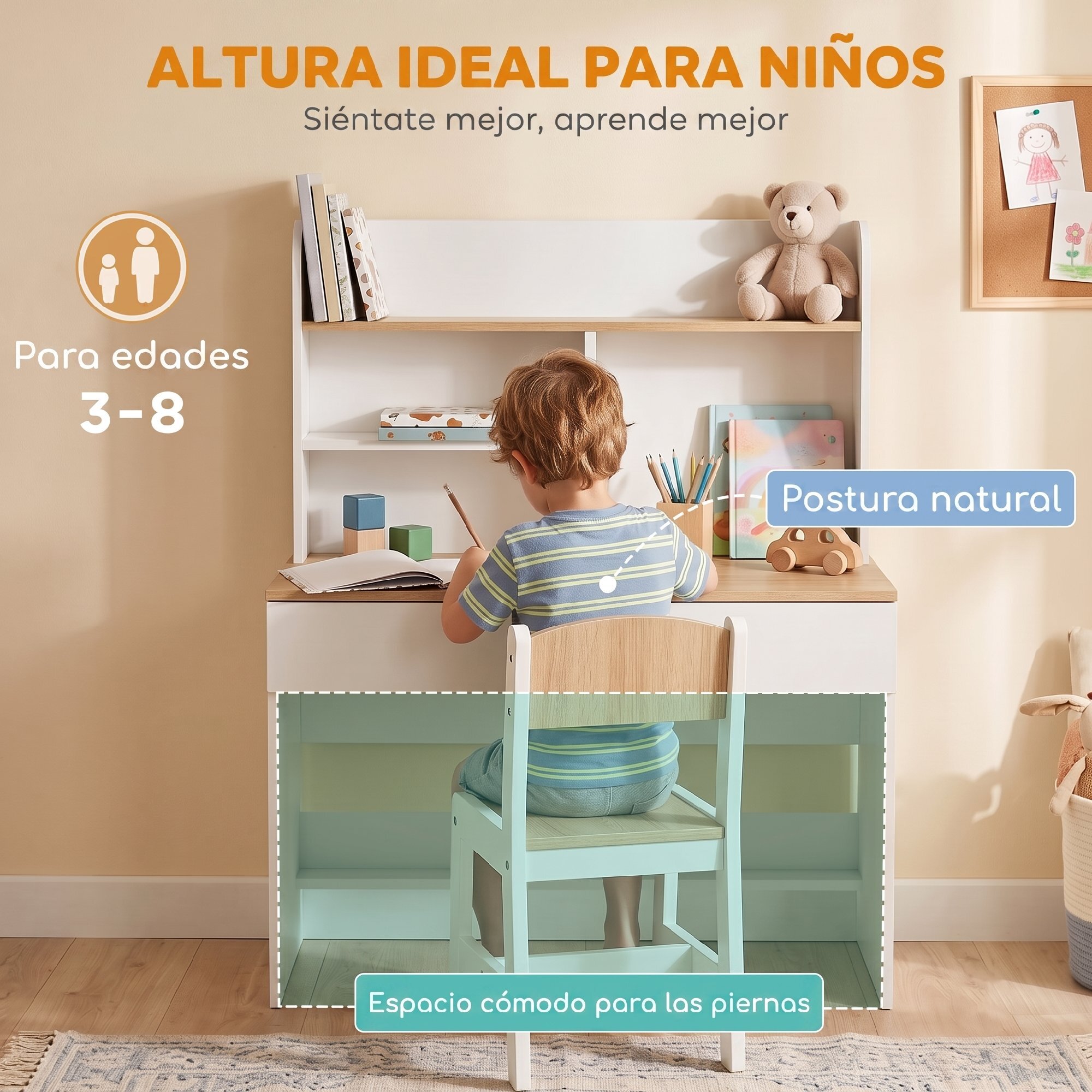 AIYAPLAY Escritorio Infantil, Mesa de Escritorio para Niños con Estante, 3 Compartimentos Abiertos y Cajón, para Estudio, Entrada, Dormitorio, para Niños de 3-8 Años, 80x50x100 cm, Blanco