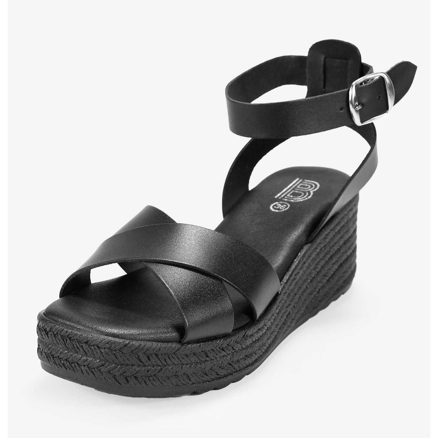 Sandalias de piel con cuña de esparto negras