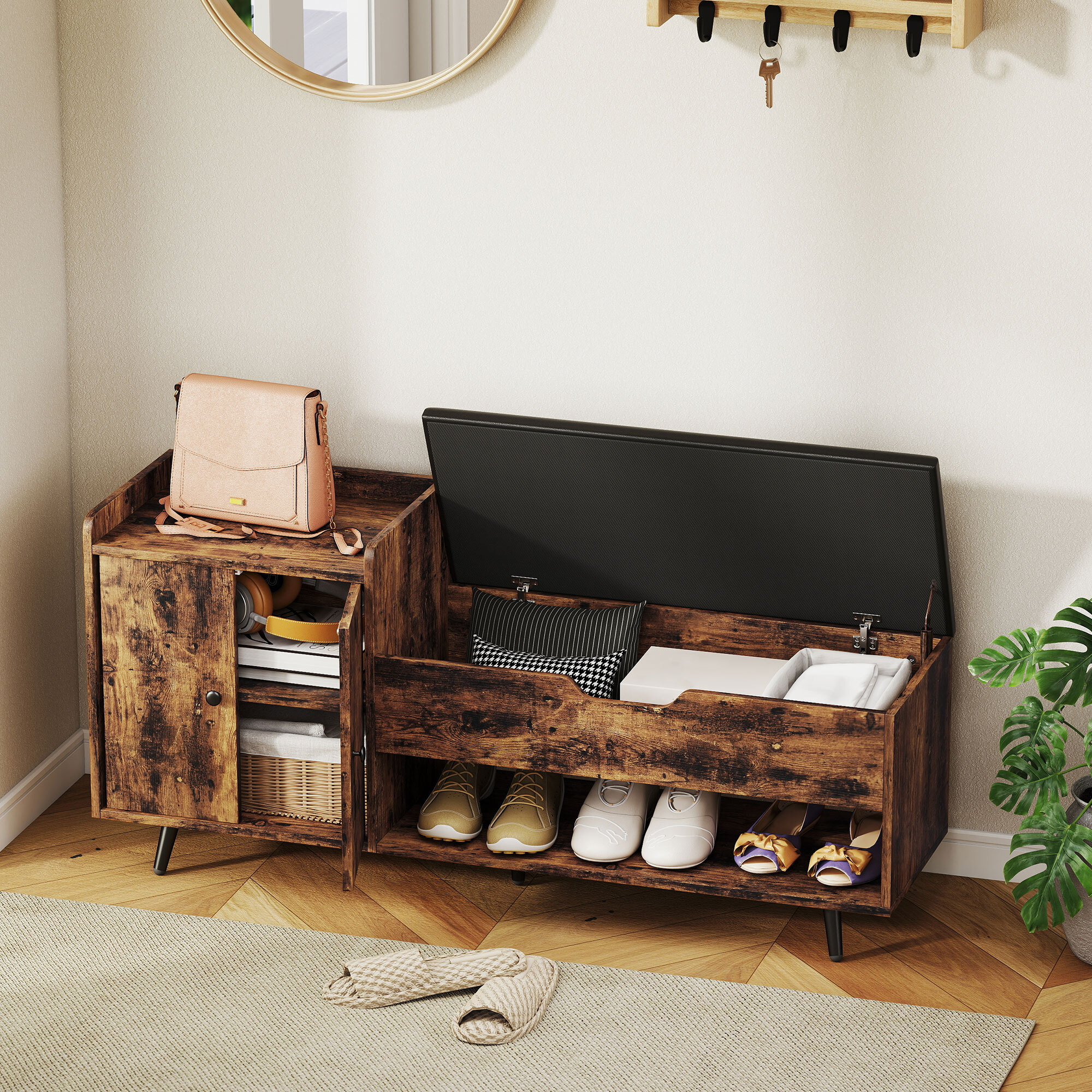 Banco Zapatero, Banco Recibidor Industrial, con Asiento Acolchado, Compartimento Oculto, Estantes, Puertas, Estante Abierto para 3 Pares de Zapatos, para Entrada, 127x35x59 cm, Marrón Rústico