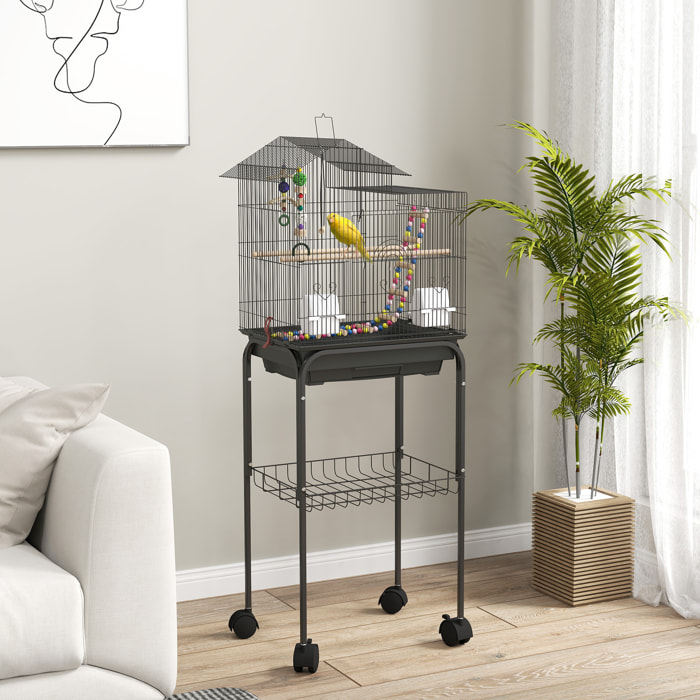 Jaula para Pájaros con Ruedas Pajarera con Cesta Múltiples Puertas 2 Comederos 2 Perchas Columpio Escaleras y Bandeja Extraíble para Loros Canarios Periquitos 46x36x120 cm Negro