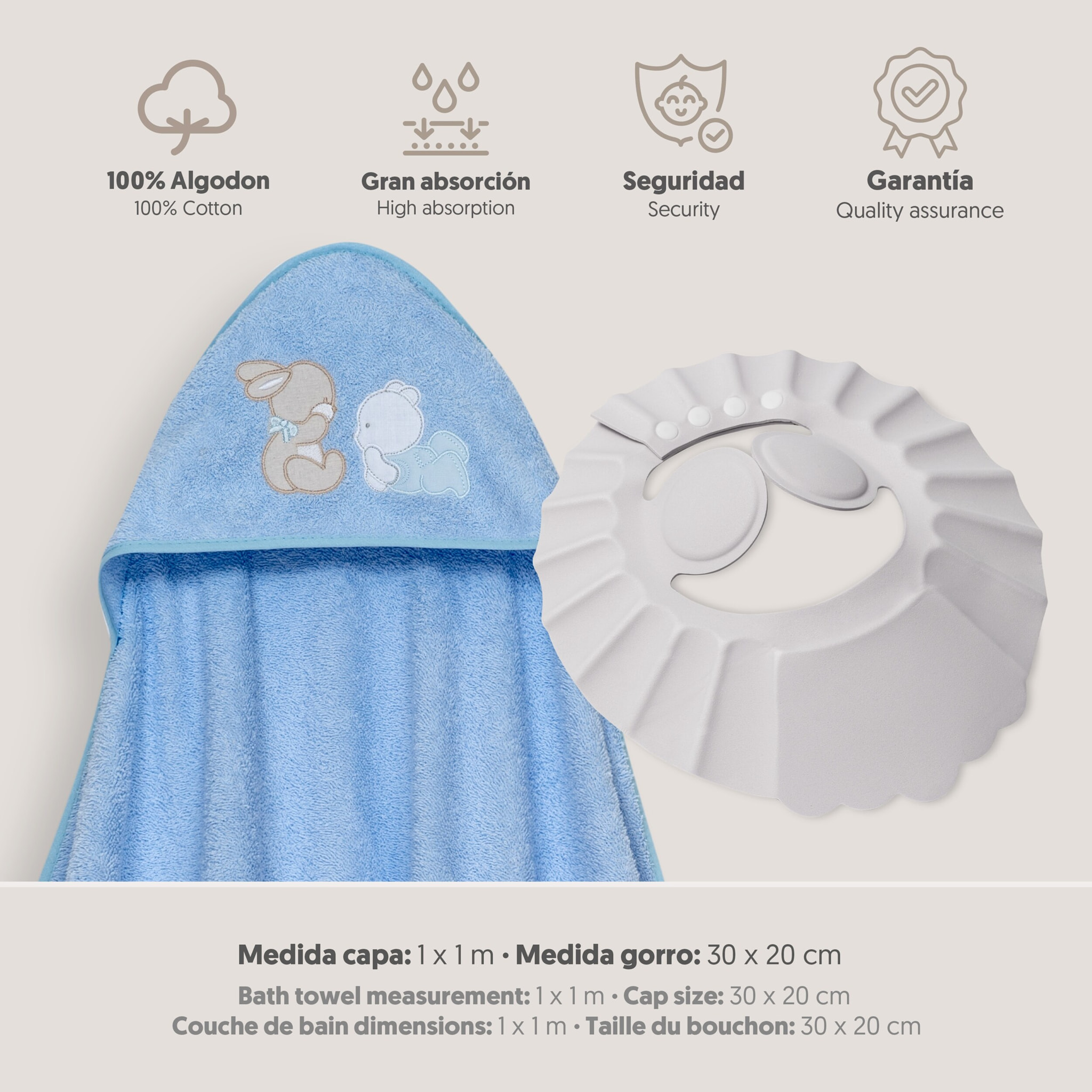 Capa Baño 1X1 Mod Oso Tumbado Conejito+Gorro Azul
