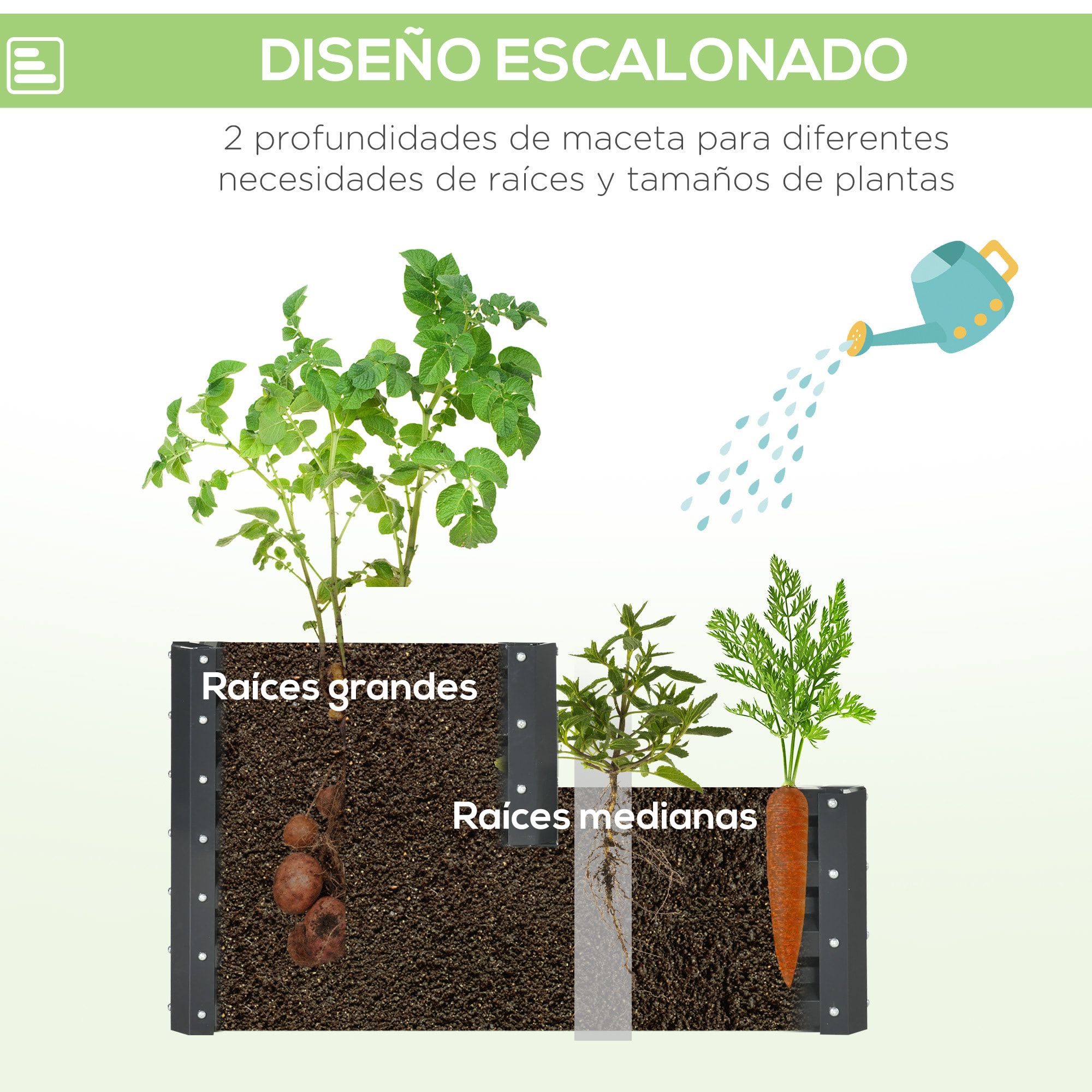 Huerto Urbano de 2 Niveles de Acero Galvanizado, Jardinera Exterior con Diseño de Escalera y Fondo Abierto para Cultivos, Plantas, Herbaria, para Terraza, Jardín, 120x101x58 cm, Gris Oscuro