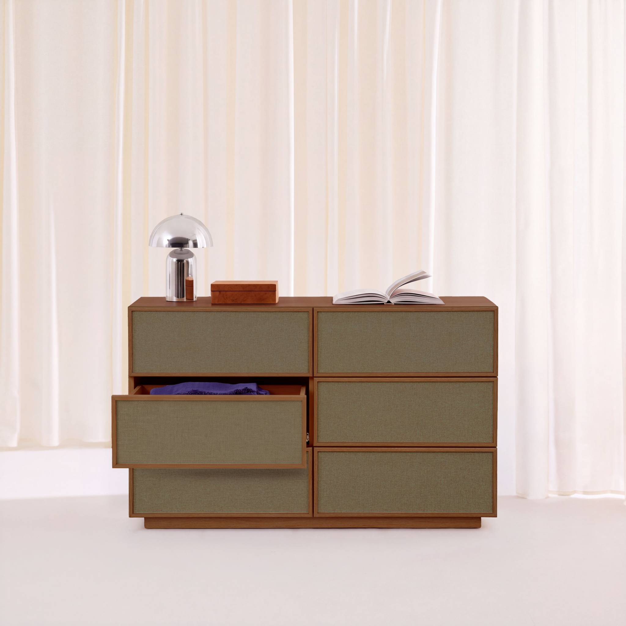 Commode de rangement décor bois et tissu 6 tiroirs KUBA