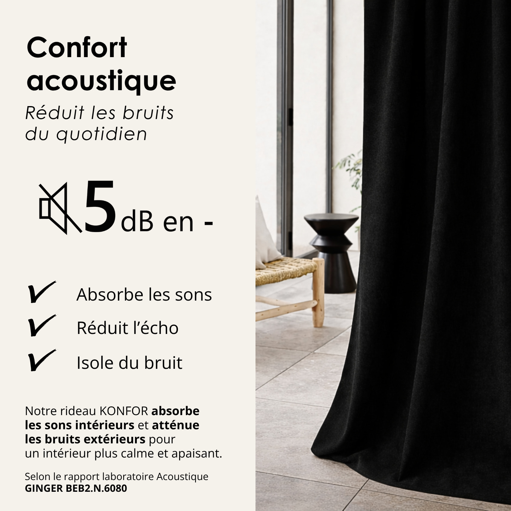 Rideau thermique phonique et semi occultant à galons fronceurs KONFOR - Noir