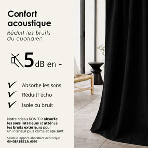 Rideau thermique phonique et semi occultant à galons fronceurs KONFOR - Noir