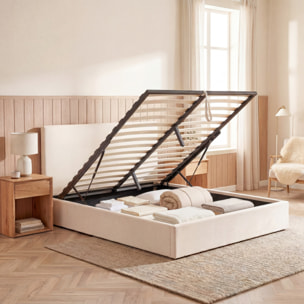 Lit Coffre Nemesis en Velours Beige, Grand espace de rangement, avec Tête de Lit, Sommier à Lattes Actives, Design et confortable