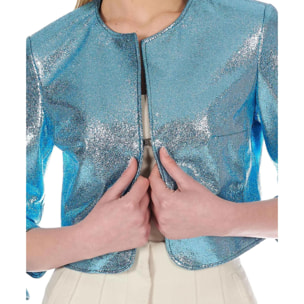 Giacca corta bolero in pelle laminata azzurra girocollo