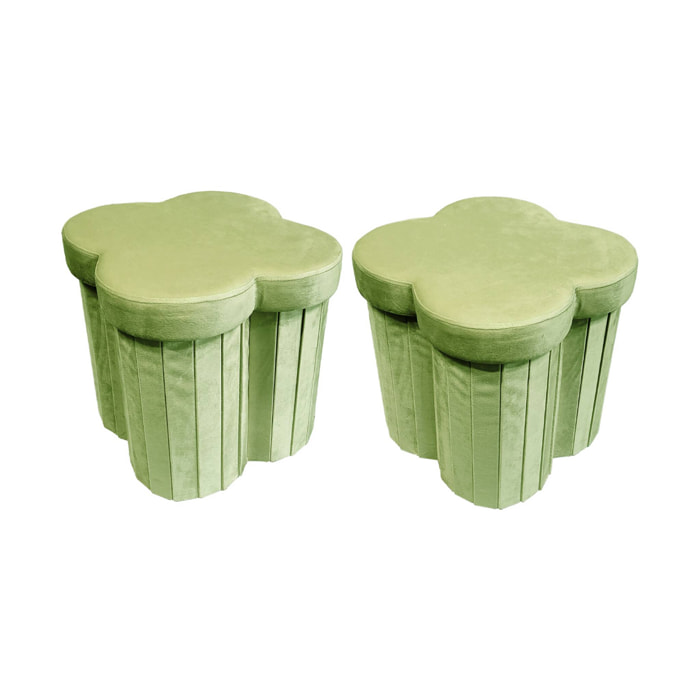 Lot de 2 tabourets-coffre pliables pour enfant avec assise en velours vert et en forme de fleur
