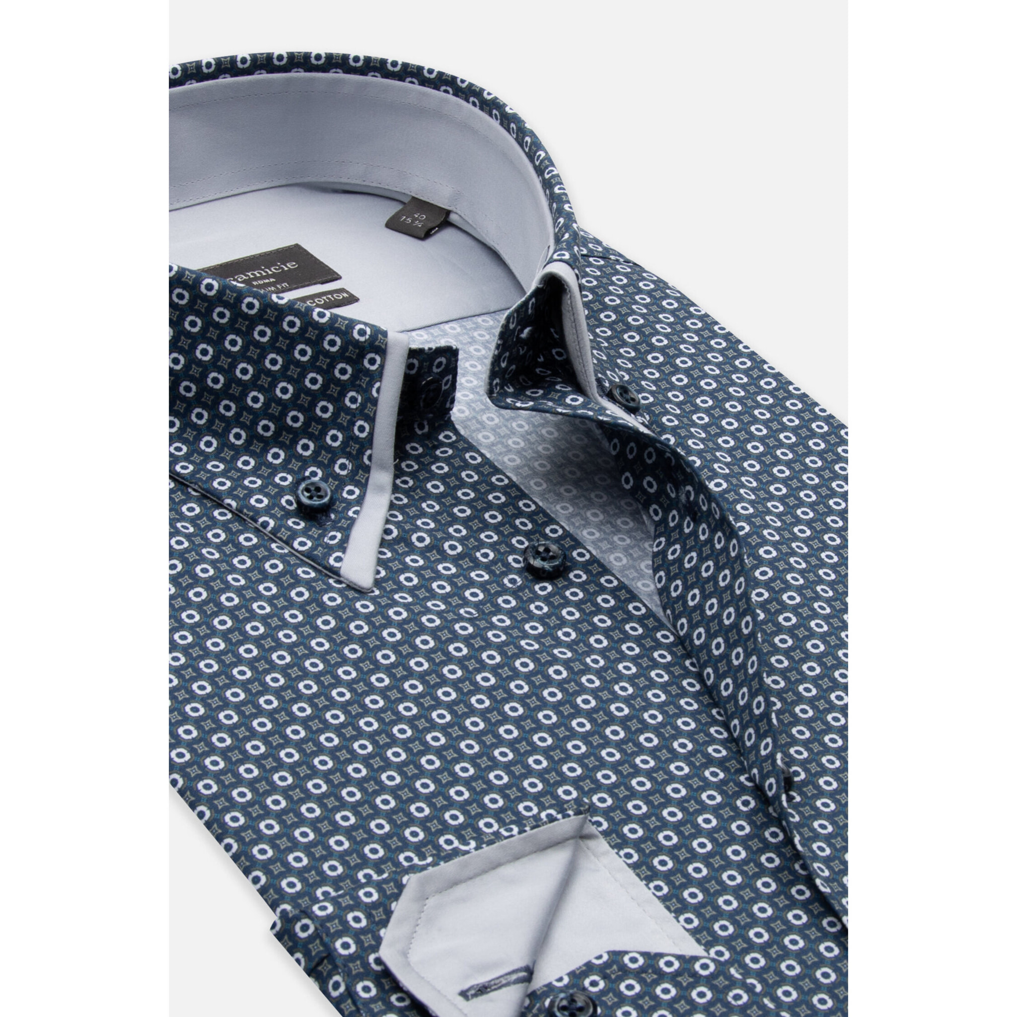 Camicia Uomo 2 Bottoni Button Down Doppio Coll Popeline Stretch Stampato Blu\Bianco