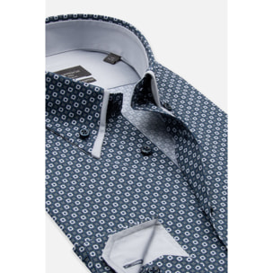 Camicia Uomo 2 Bottoni Button Down Doppio Coll Popeline Stretch Stampato Blu\Bianco