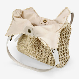 Bolso de hombro beige en rafia con hebillas