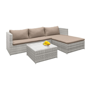 Morning Relax - Salotto da giardino in alluminio e polyrattan divano 2 posti con chaise longe + tavolino con ripiano in vetro 5mm. Divano angolare da giardino + tavolino + cuscini