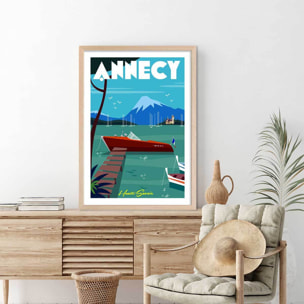 Poster de château et lac d' annecy Affiche + cadre en bois - Chêne