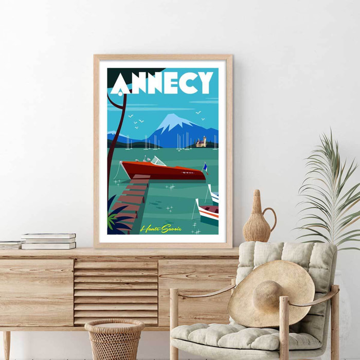 Poster de château et lac d' annecy Affiche + cadre en bois - Chêne
