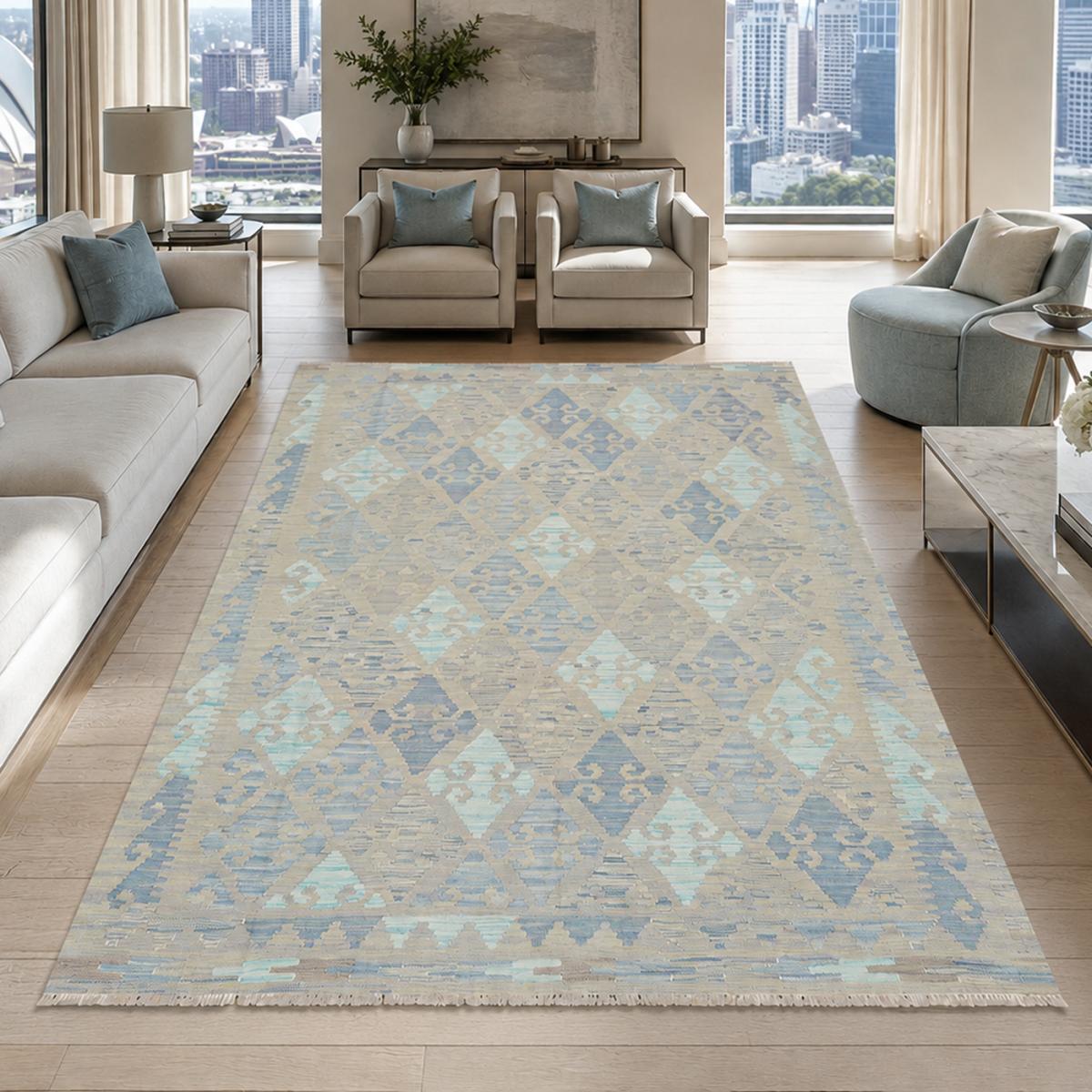 Tapis kilim au motif géométrique, tissage plat naturel, OJAG