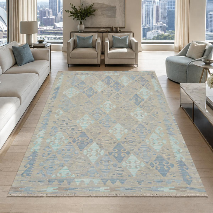 Tapis kilim au motif géométrique, tissage plat naturel, OJAG
