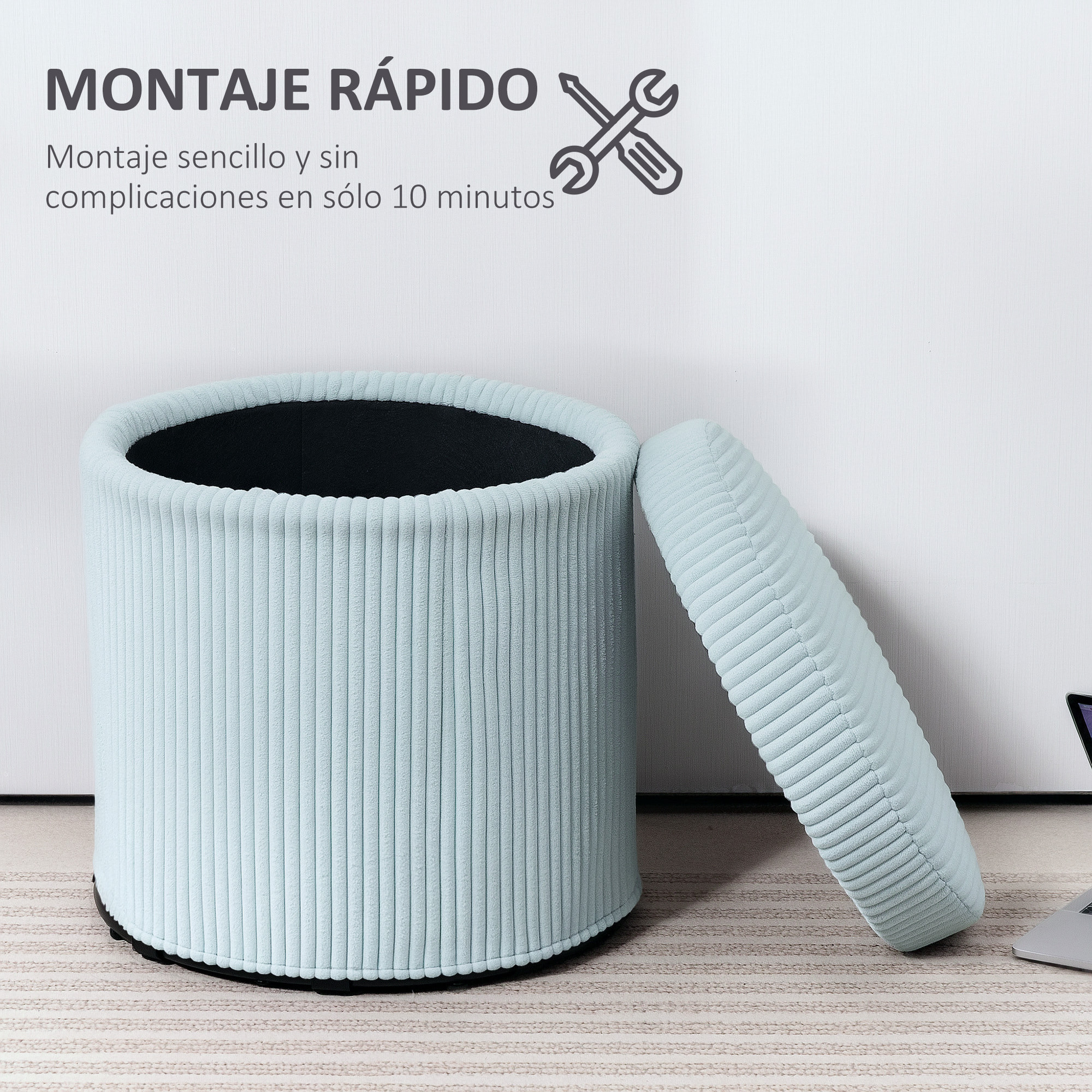 Puff Almacenaje Baúl de Almacenaje Redondo Tapizado en Pana Asiento Acolchado Tapa Extraíble para Pasillo Dormitorio Salón Ø40x41 cm Azul Claro