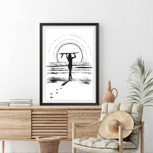 Poster surfeuse sunset Affiche + cadre en bois - Noir