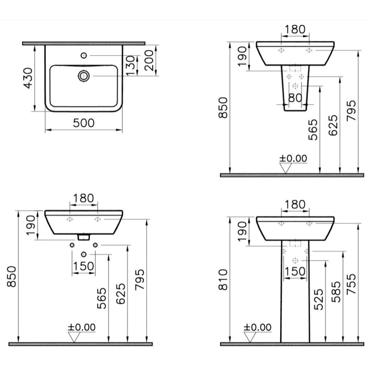 VitrA Integra lavabo suspendu 50 × 43 cm avec trou pour robinetterie au milieu, blanc003-0001)